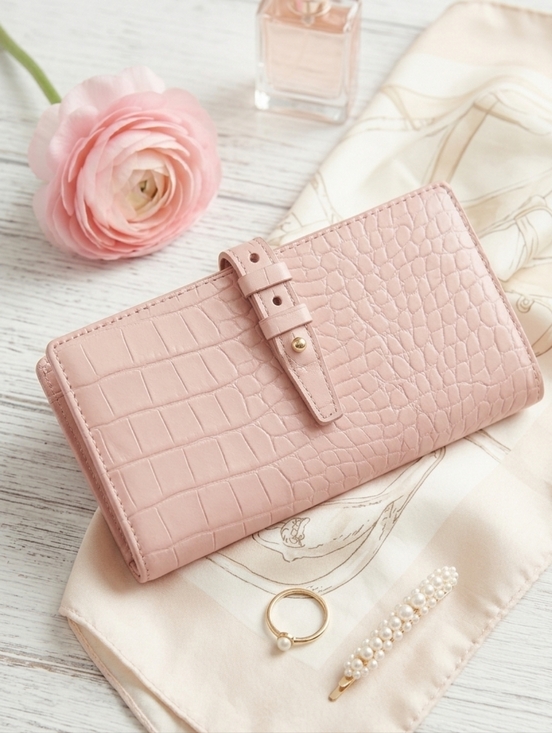 Love & Lore Handbags - Love & Lore Pink Croc Embossed Continental Clutch Wallet Vegan Faux Leather